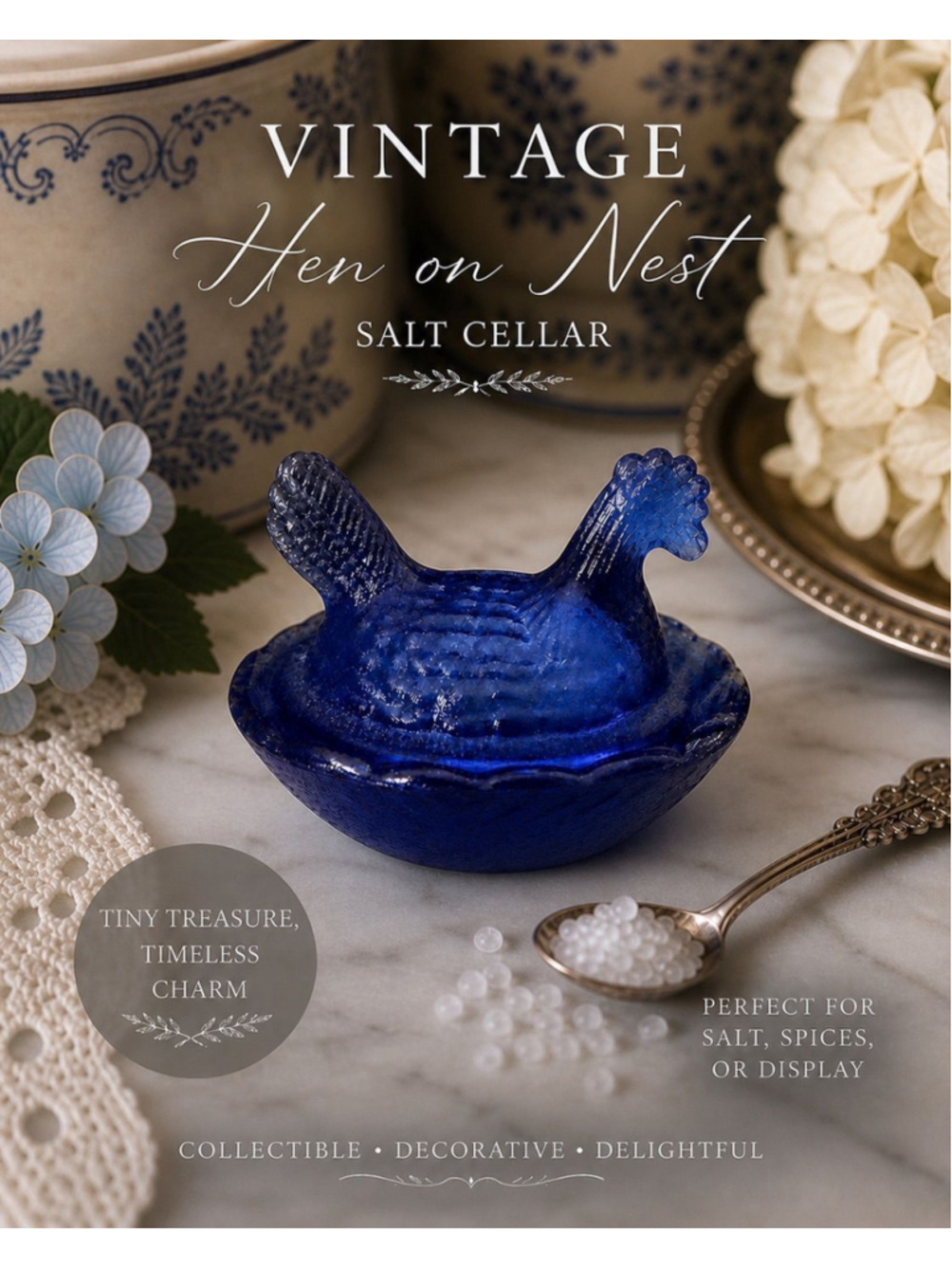 Vintage Cobalt Blue Mini Hen on Nest Covered Dish Glass Trinket Salt Cellar Farm